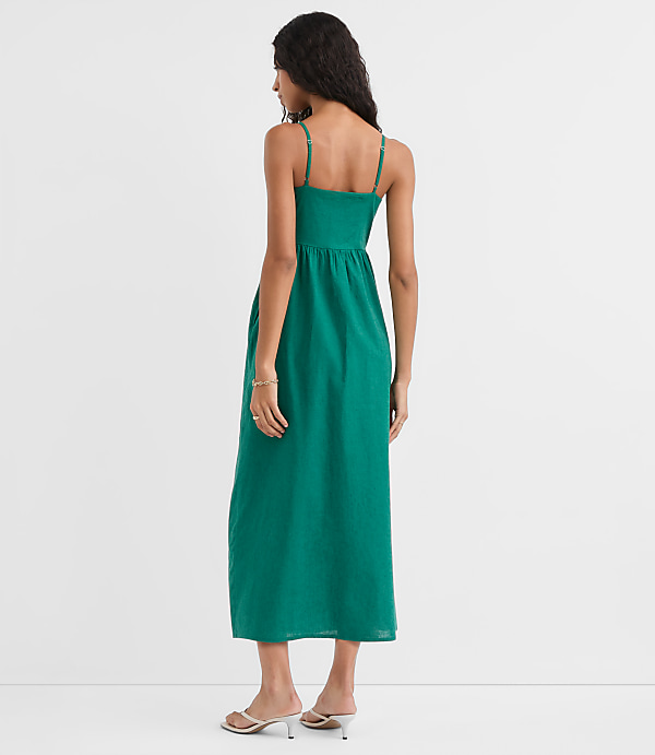 Petite Floral Linen Cotton Strappy Midi Pocket Dress