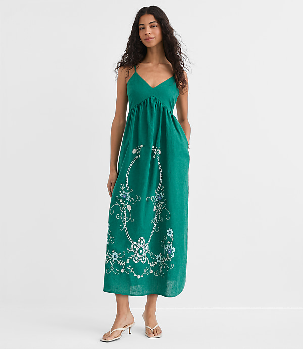 Floral Linen Cotton Strappy Midi Pocket Dress
