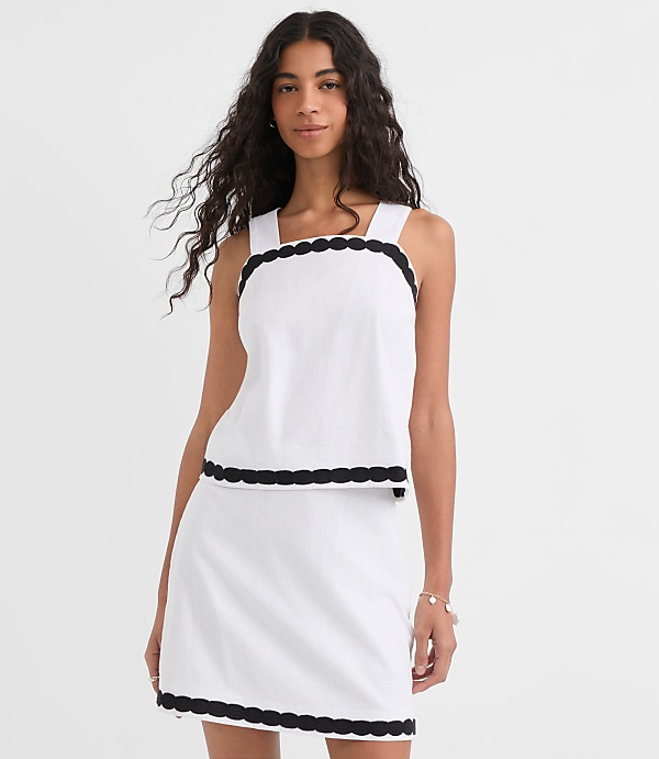 Scalloped Linen Cotton Square Neck Shell
