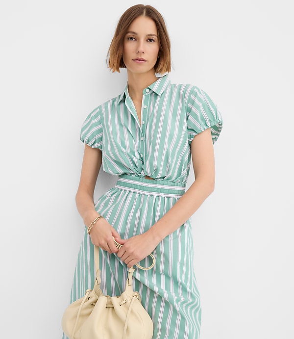 Striped Poplin Twist Midi Pocket Shirtdress