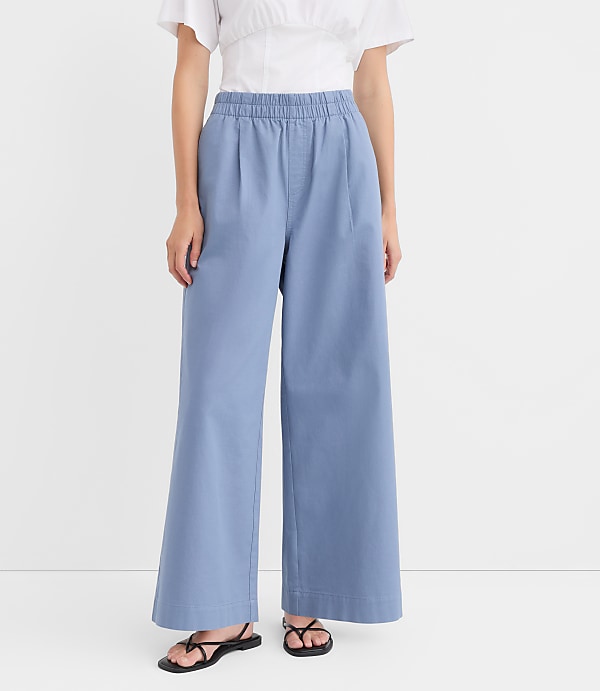Petite Pleated Pull On Wide Leg Pants in Twill