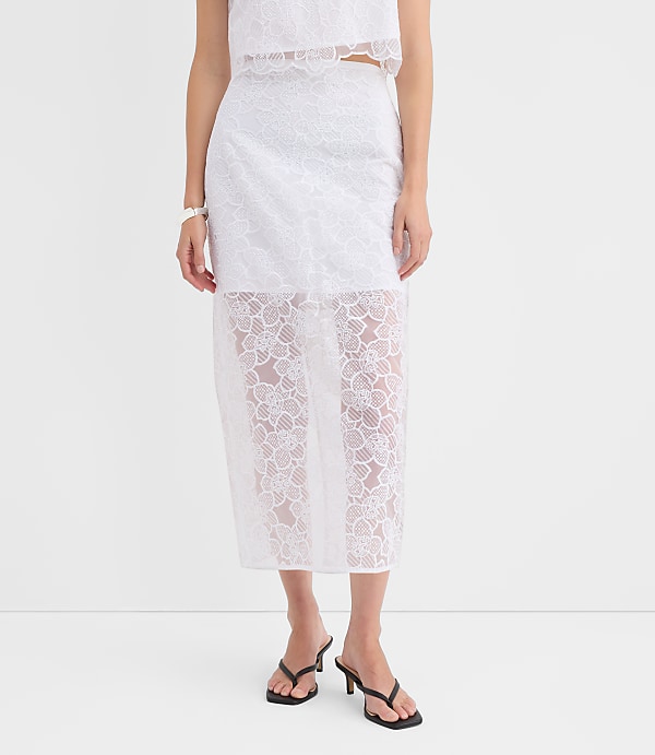 Petite Lace Overlay Midi Skirt