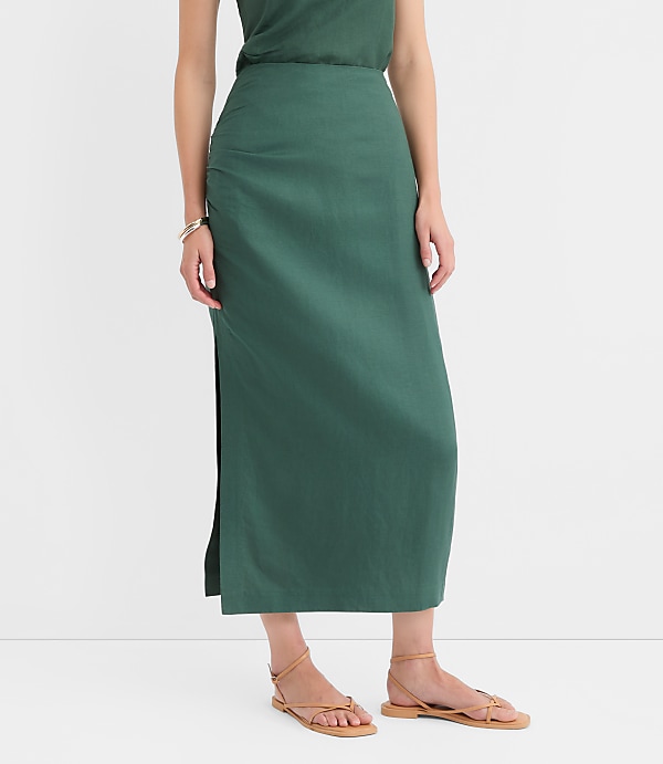Petite Ruched Linen Blend Midi Skirt