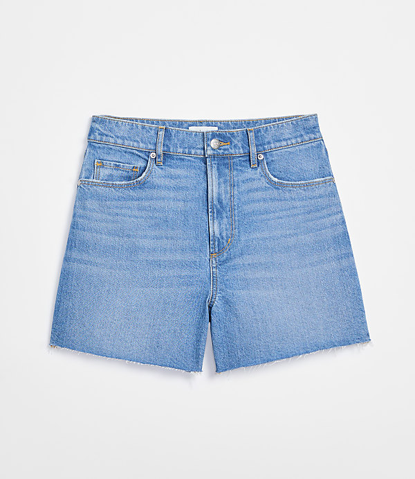 Rivete Tall Curvy High Rise Cut Off Denim Shorts in Mid Wash