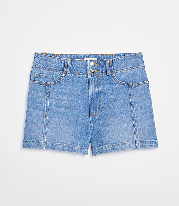 Rivete Petite Double Shank High Rise Denim Shorts in Mid Wash