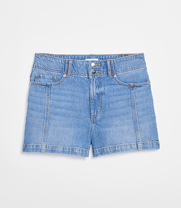Rivete Tall Curvy Double Shank High Rise Denim Shorts in Mid Wash