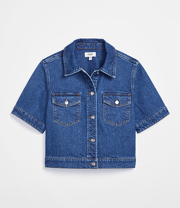 Rivete Short Sleeve Denim Jacket in Medium Stone Wash