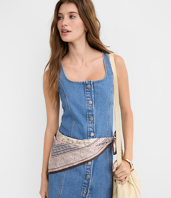 Petite Denim Seamed Button Mini Dress in Classic Mid Wash