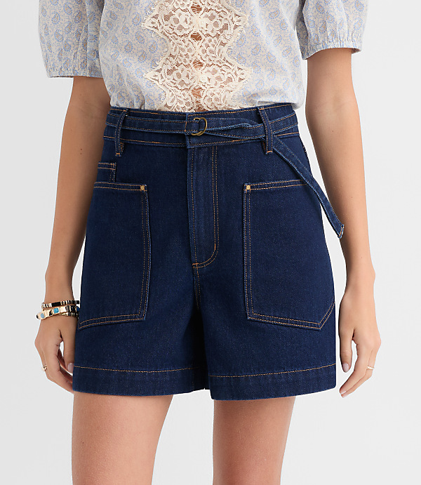 Petite Belted Denim Utility Shorts in Classic Rinse Wash
