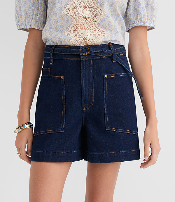 Tall Curvy Belted Denim Utility Shorts in Classic Rinse Wash