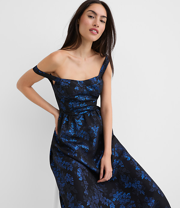 Tall Shimmer Floral Corset Seamed Midi Pocket Dress