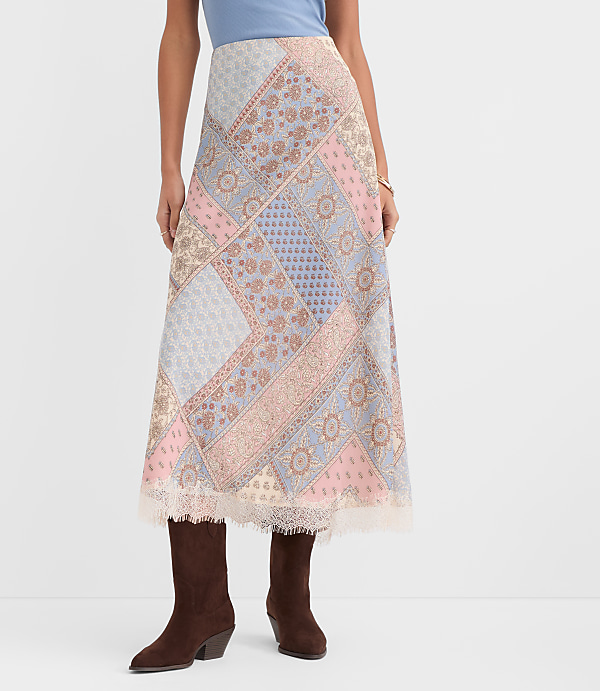 Petite Patchwork Lace Trim Bias Midi Skirt