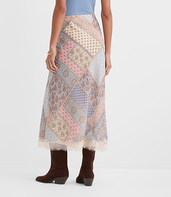 Petite Patchwork Lace Trim Bias Midi Skirt