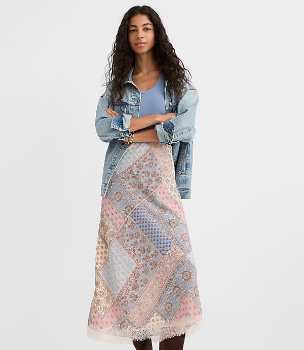Petite Patchwork Lace Trim Bias Midi Skirt