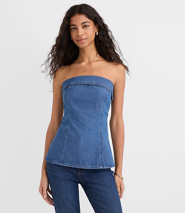 Denim Foldover Strapless Top in Classic Mid Wash