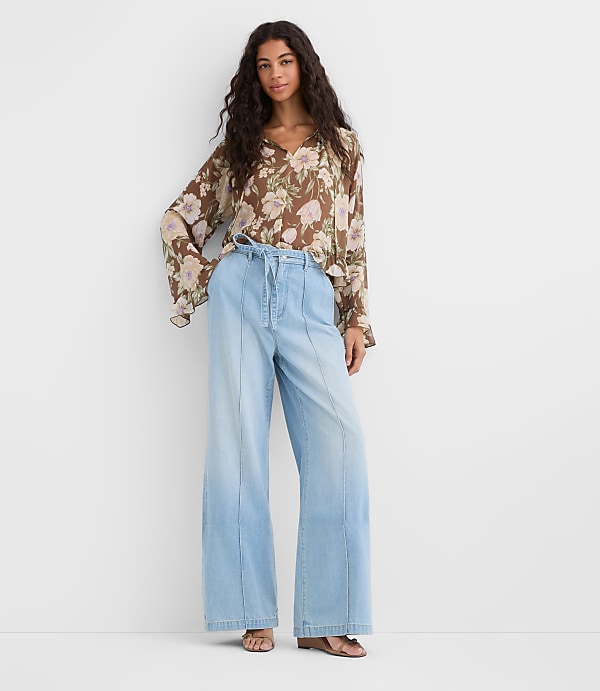 Petite Tie Waist High Rise Palazzo Jeans in Light Wash