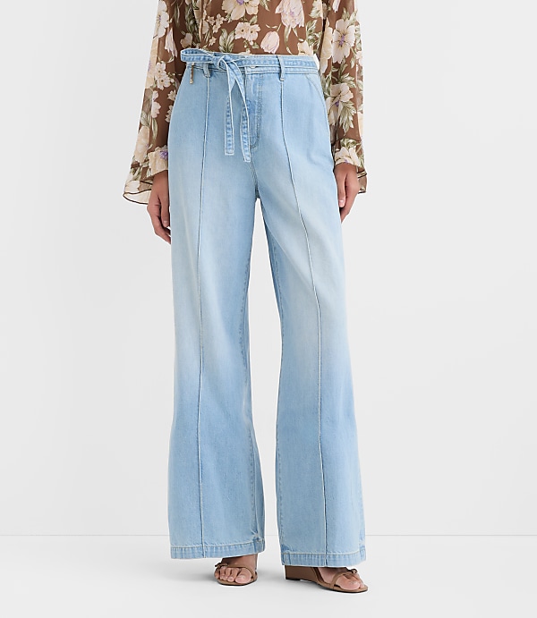 Tall Curvy Tie Waist High Rise Palazzo Jeans in Light Wash