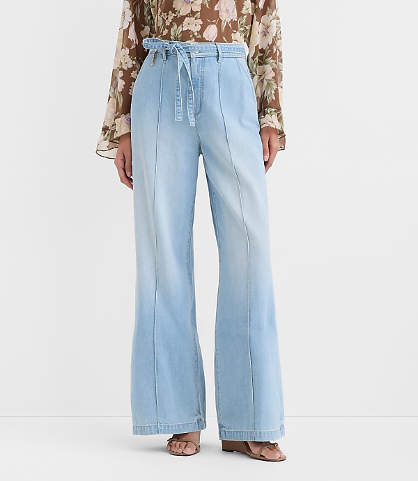 Tie Waist High Rise Palazzo Jeans in Light Wash