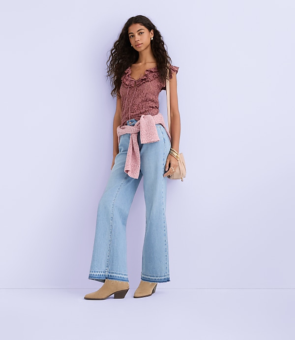 Lace Ruffle Tie Neck Top