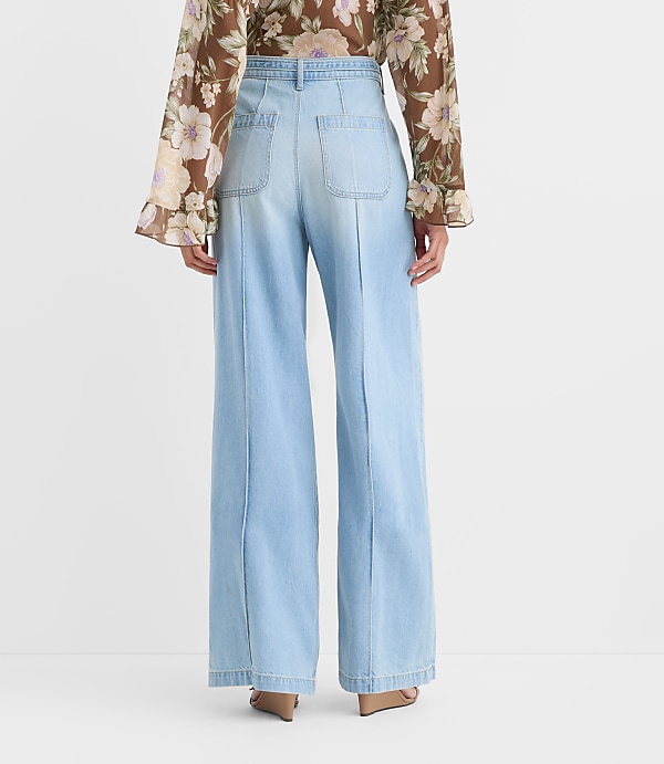 Petite Tie Waist High Rise Palazzo Jeans in Light Wash