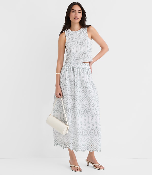 Petite Scalloped Eyelet Poplin Midi Skirt