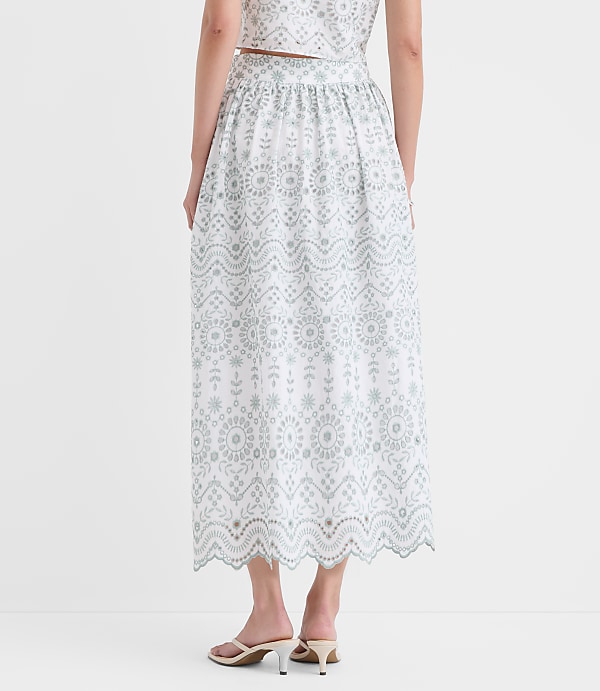 Scalloped Eyelet Poplin Midi Skirt