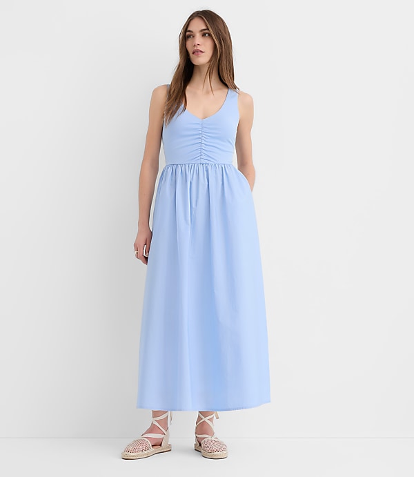 Tall Ruched Mixed Media Midi Pocket Dress