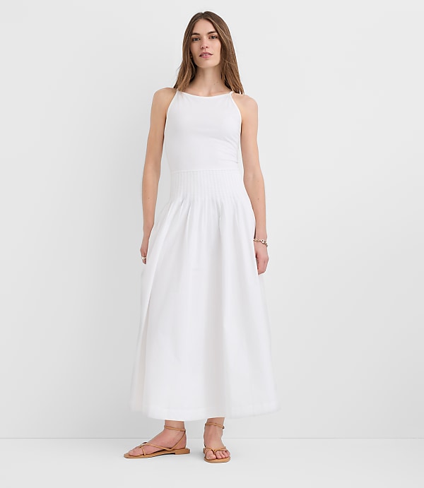 Pleated Mixed Media Midi Halter Dress