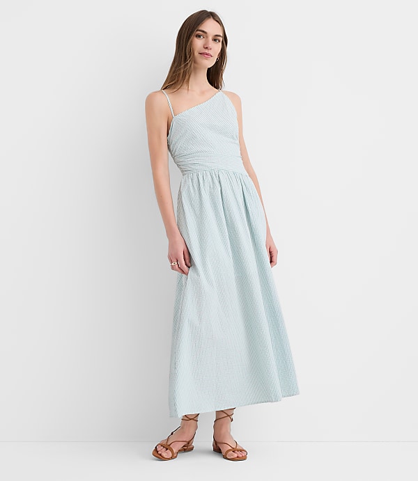 Stripe Asymmetrical Ruched Midi Dress