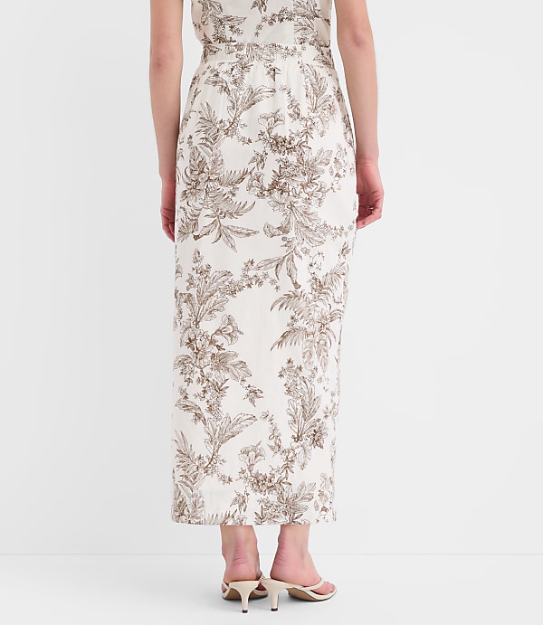 Floral Toile Linen Cotton Column Midi Skirt