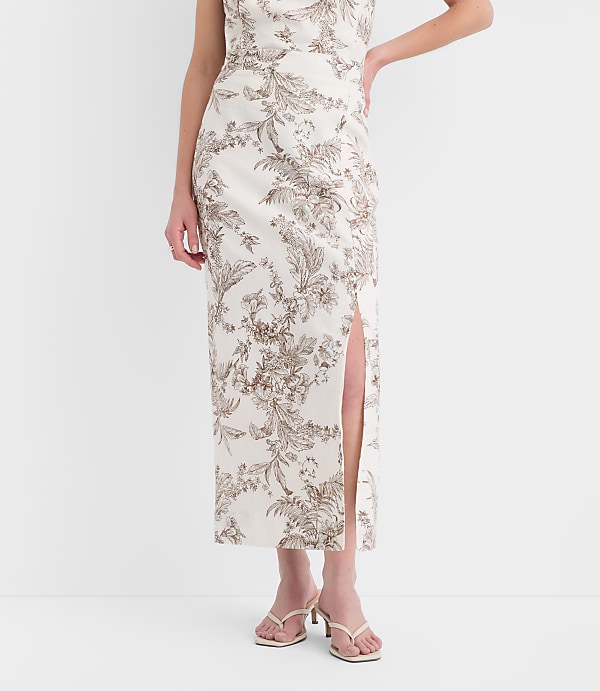 Floral Toile Linen Cotton Column Midi Skirt