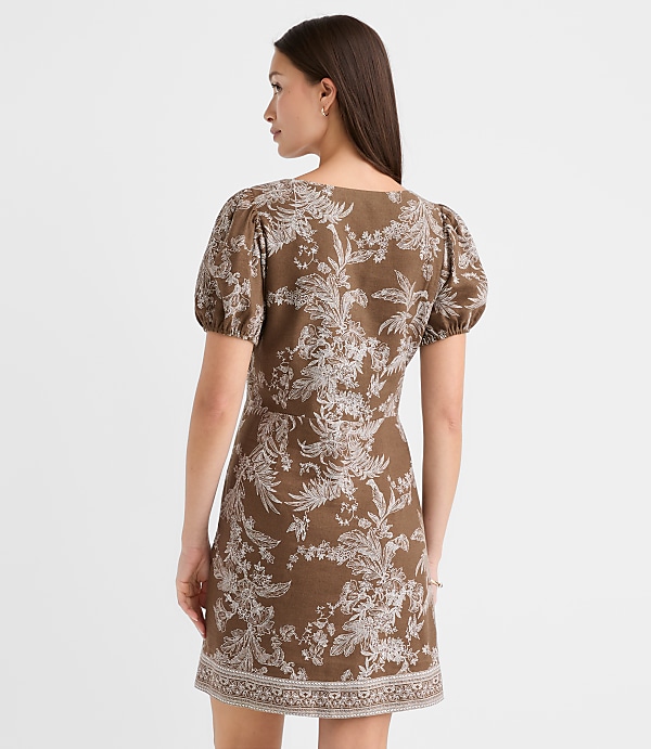 Floral Toile Linen Blend Puff Sleeve Mini Dress
