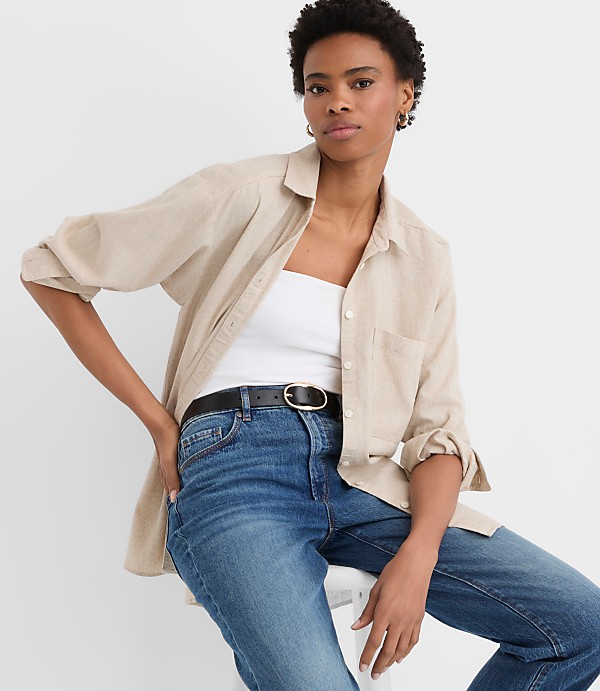 Petite Crosshatch Linen Cotton Everyday Oversized Pocket Shirt