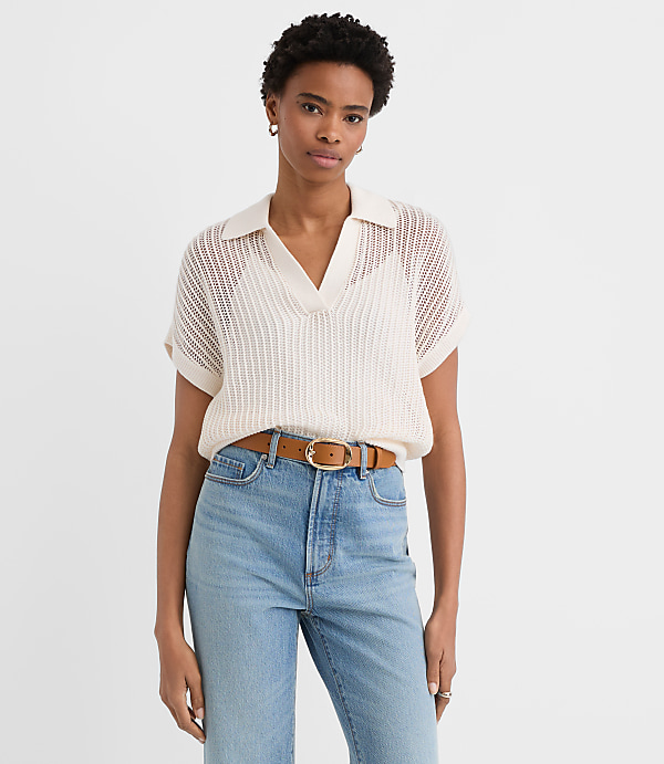 Petite Collared Mesh Stitch Wedge Sweater