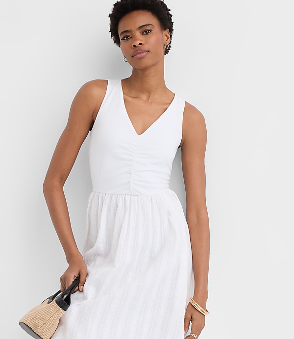 Petite Stripe Ruched Mixed Media Midi Pocket Dress
