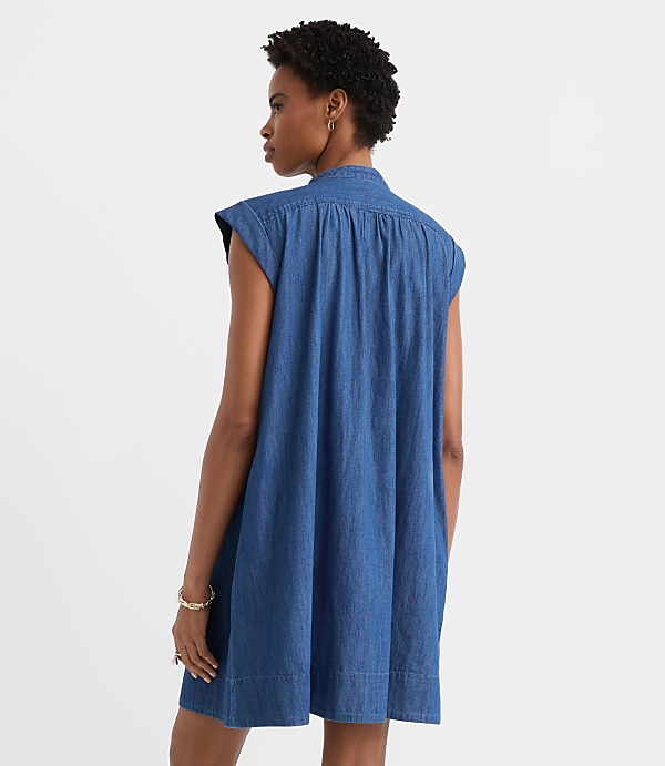 Chambray Shirred Mini Pocket Dress