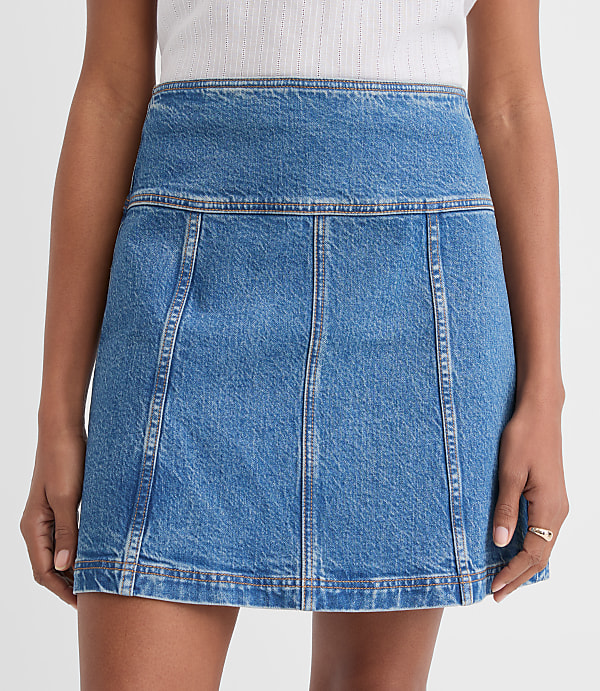 Seamed Denim Mini Skirt in Light Wash Indigo