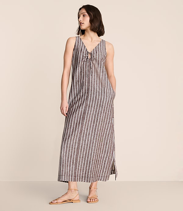 Lou & Grey Striped Linen Cotton Tie Keyhole Maxi Pocket Dress