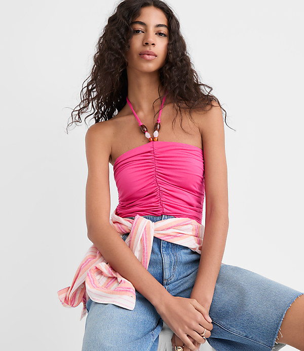 Petite Beaded Ruched Halter Top