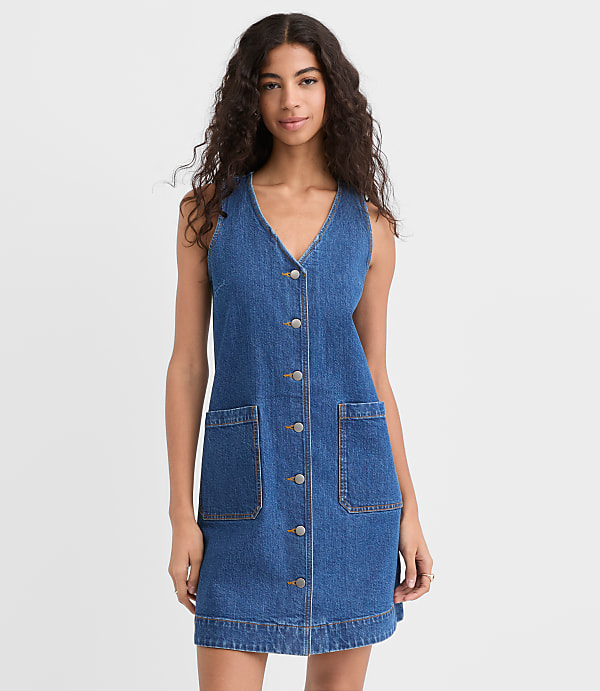Petite Denim Button Mini Pocket Dress in Classic Mid Wash