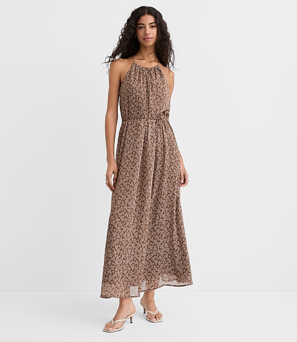 Floral Tucked Maxi Halter Dress
