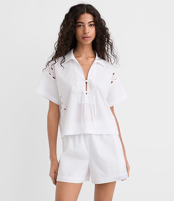 Lace Eyelet Bow Poplin Shirt