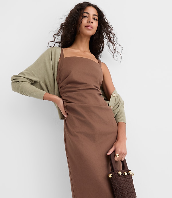 Linen Cotton Ruched Strappy Midi Dress