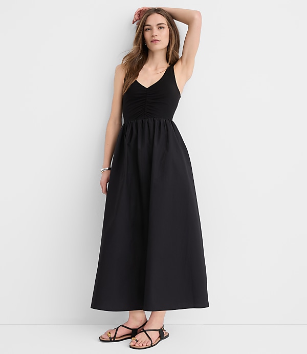 Petite Ruched Mixed Media Midi Pocket Dress