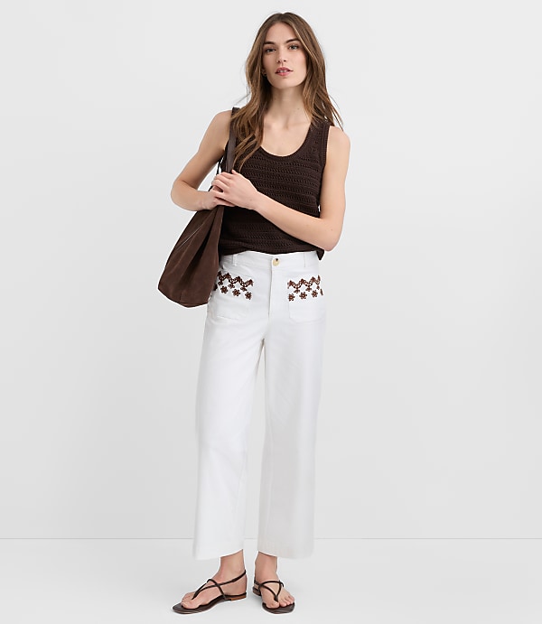 Palmer Wide Leg Crop Pants in Embroidered Twill