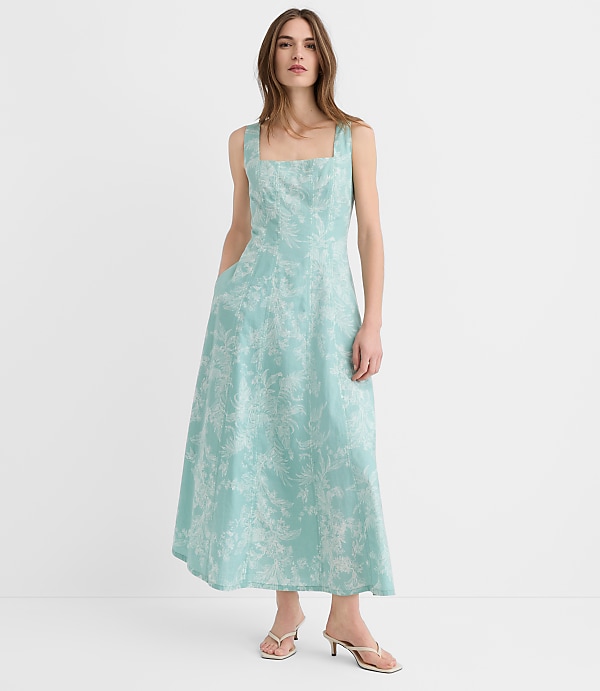 Floral Toile Linen Cotton Seamed Midi Pocket Dress