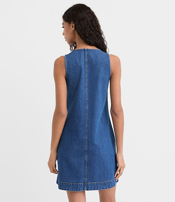 Petite Denim Button Mini Pocket Dress in Classic Mid Wash
