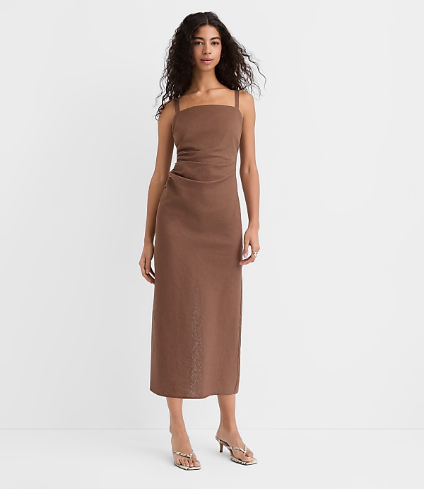 Linen Cotton Ruched Strappy Midi Dress