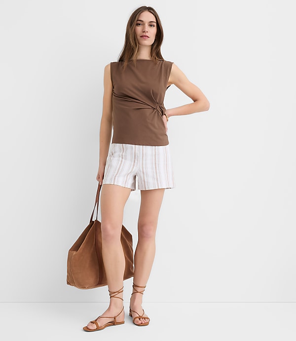 Darted Side Zip Shorts in Striped Cotton Linen