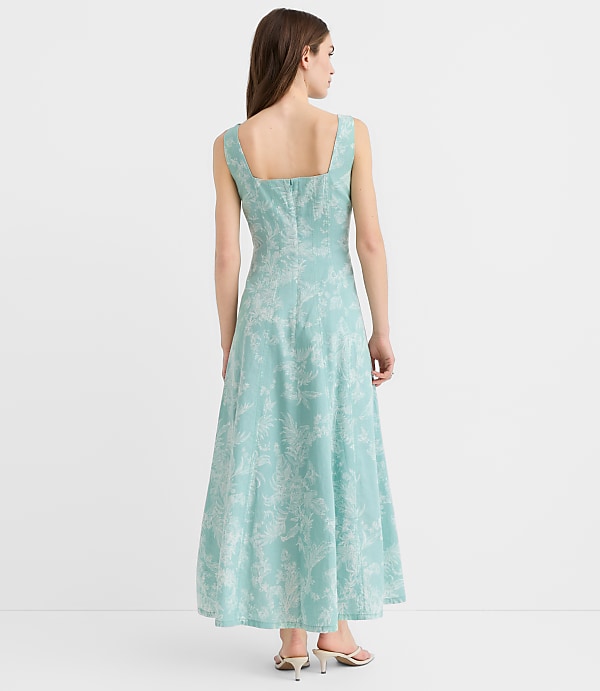 Floral Toile Linen Cotton Seamed Midi Pocket Dress